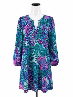 Lilly Pulitzer Coretta Tunic Blue Don’t Wanna Leaf Tropical Print Dress Size XL